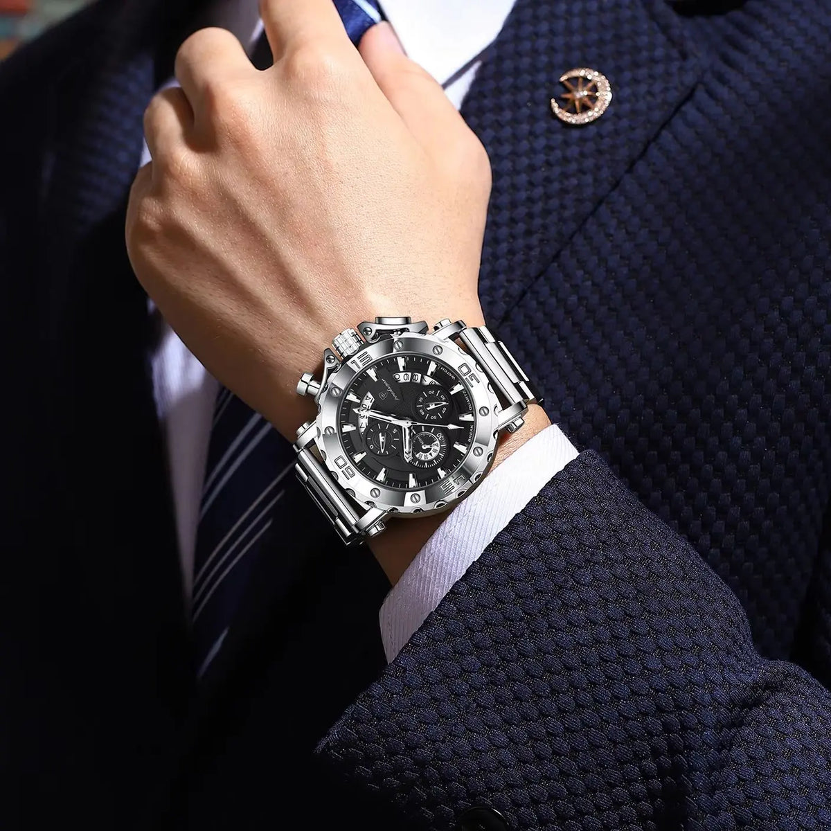 Luksusowy zegarek męski POEDAGAR, podświetlany, wodoodporny, z chronografem, datownikiem, ze stali nierdzewnej, z mechanizmem kwarcowym, Reloj