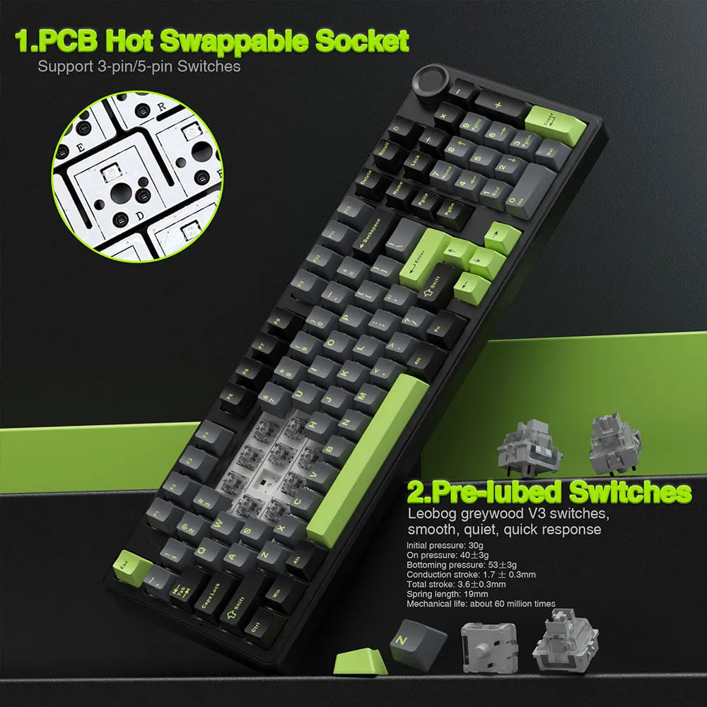 AULA F99PRO Wireless Gaming Keyboard Gasket Structure Compatible with 3/5 Pins Hot-swap Mechanical Keyboard with Media Knob