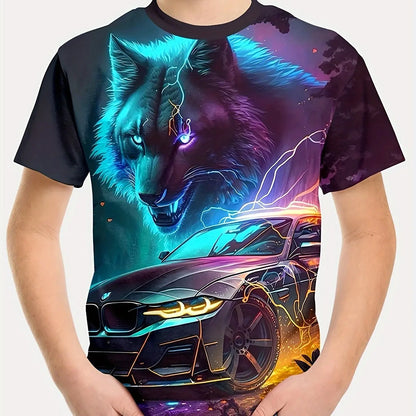 Children's Clothing Boys Tshirt Short Sleeve Cool 3D Wolf Print Kids Summer Clothes Stylish Streetwear Round Neck Girl Clothes﻿