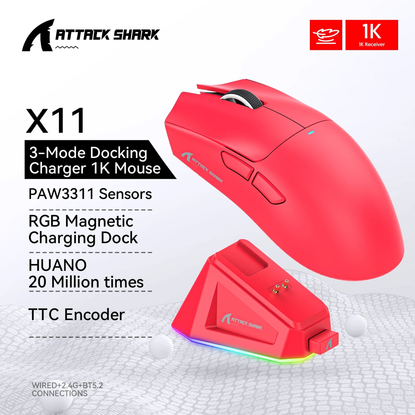 ATTACK SHARK X11 X11 SE Wireless Gaming Mouse 22K DPI PAW3311 63g Lightweight Tri-Mode Bluetooth/2.4G/Wired 20M Clicks RGB