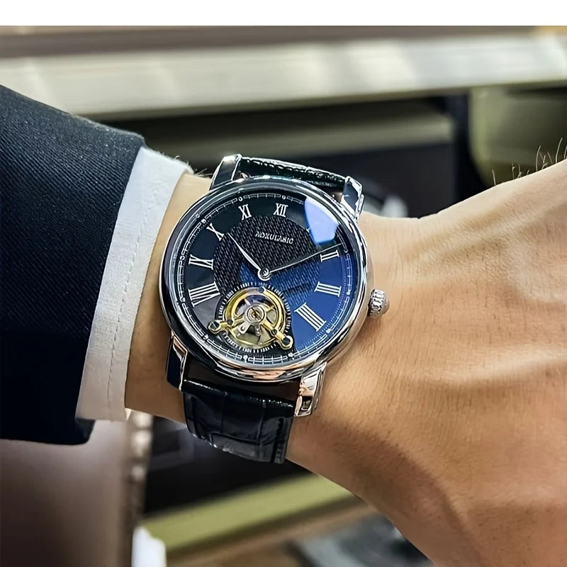 Automatinis mechaninis vyriškas laikrodis – elegantiškas skeleto dizainas, madingas „business casual“ stilius, korpusas iš lydinio ir odinis dirželis, be baterijos