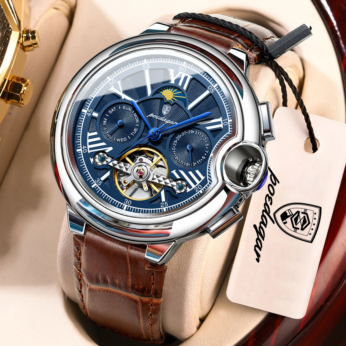 POEDAGAR luxus férfi karóra – Mechanikus automata modell dátum- és napkijelzéssel, bőr szíjjal, tourbillon-mechanizmussal, vízálló, elegáns és professzionális stílusú.