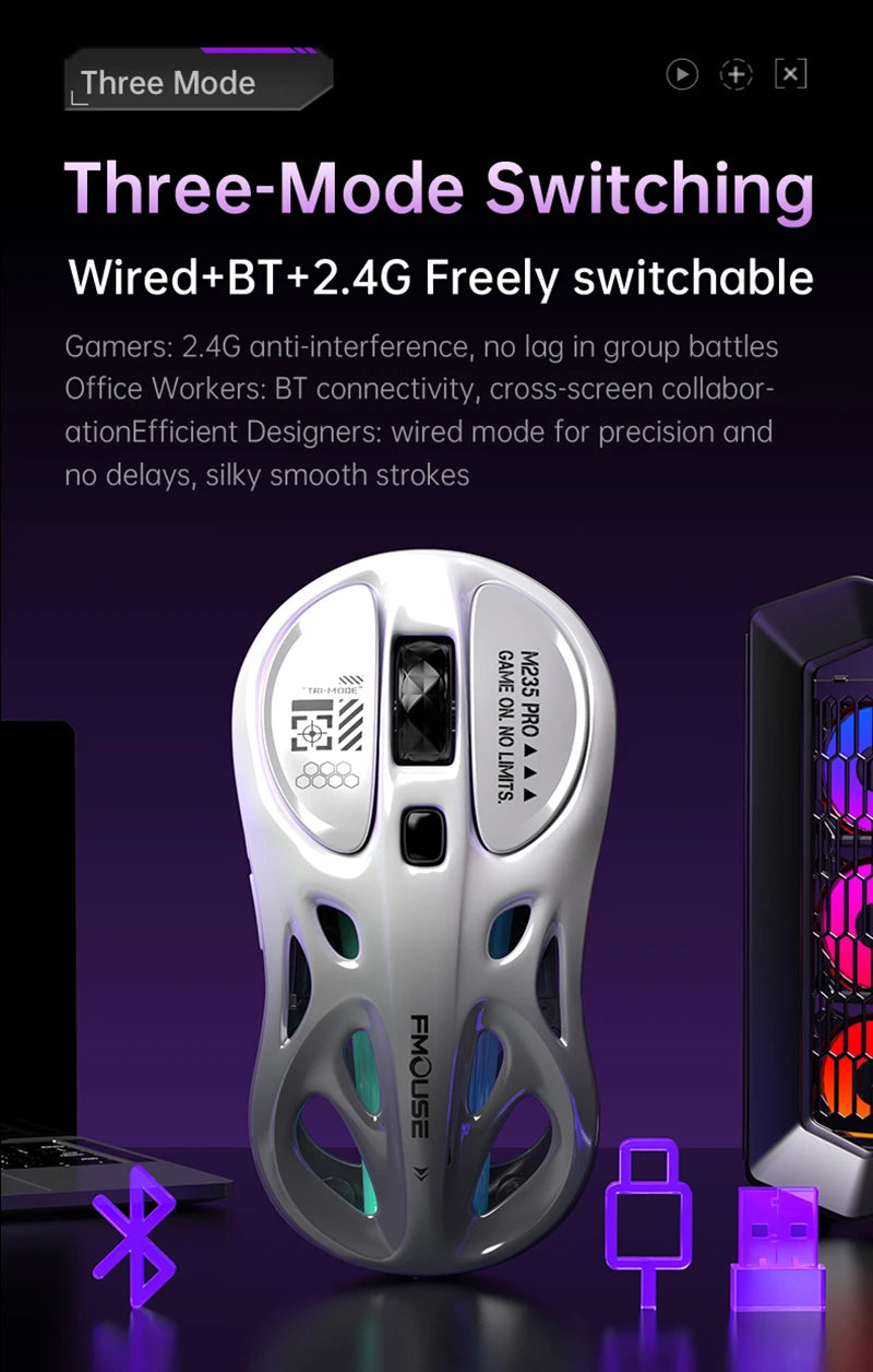 Bežični 2.4G trostruki RGB gaming miš, lagani perforirani dizajn s Chroma osvjetljenjem, žični Bluetooth e-sports miš kontroler