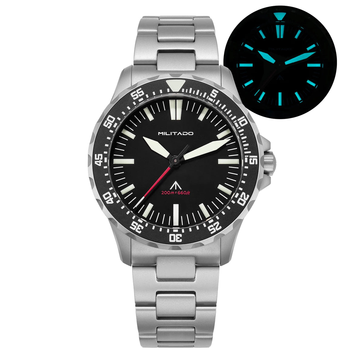 Militado ML16 39mm Quartz Dive Watch Sapphire Crystal 200M Water Resistant Ceramic Bezel BGW9 Lume Screw Down Crown
