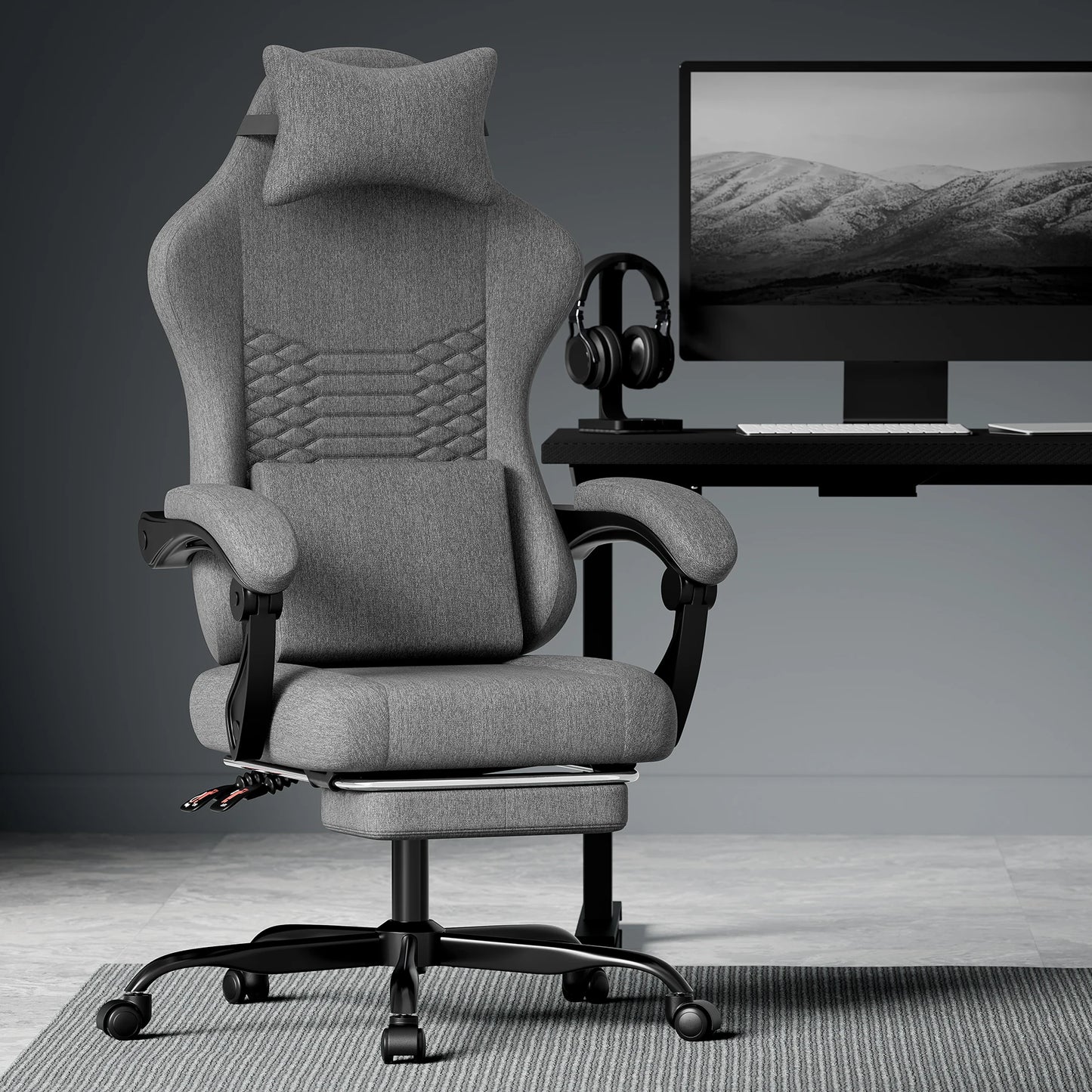 Dark Gray Fabric Gaming Chair, Massage Office Chair with Headrest, Ergonomic Racing Design, Adjustable Footrest, for PC Gamers