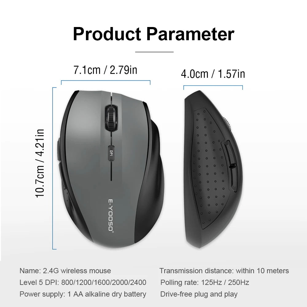 E-YOOSO E-1010 Ratón gaming inalámbrico USB 2.4G, óptico 2400 DPI, ergonómico para oficina, portátil y PC