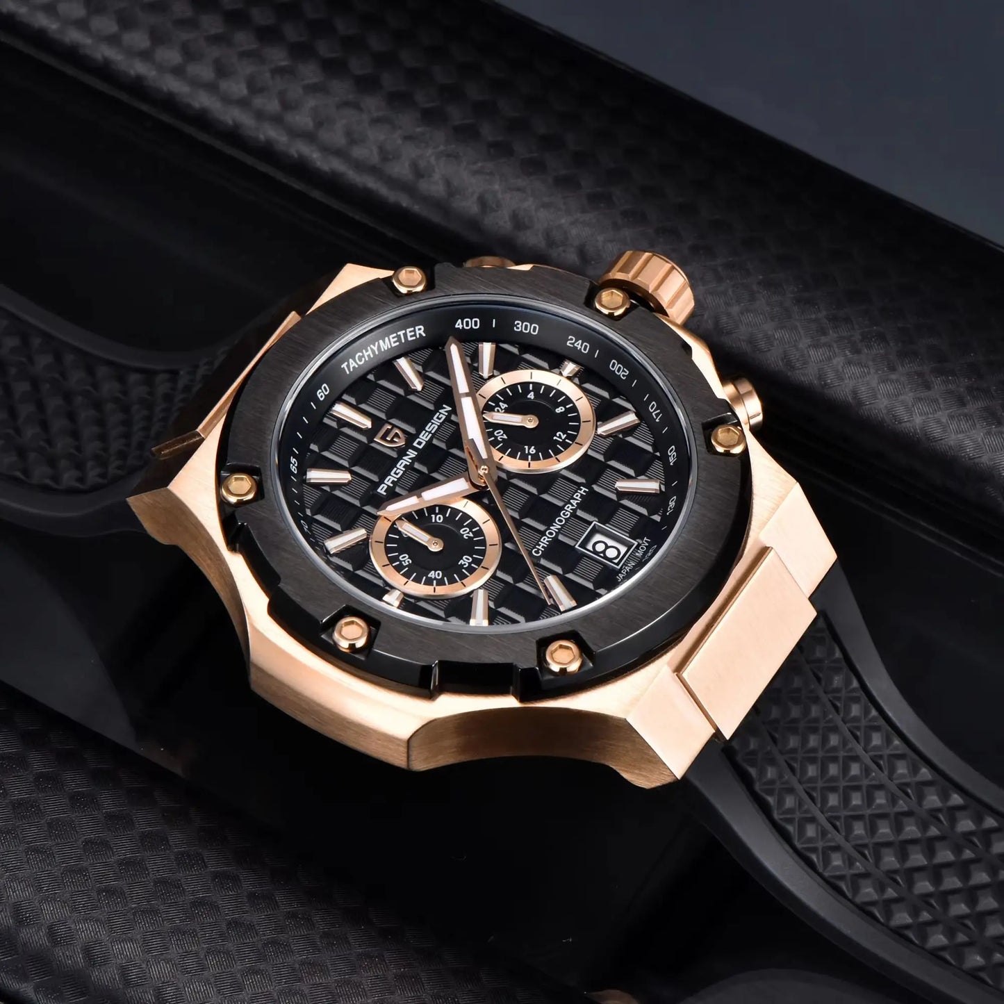PAGANI DESIGN Men's Watches Luxury Rose Gold Sport Chronograph Japan VK64 Quartz Watch For Men Fluororubber Strap Wristwatch Men