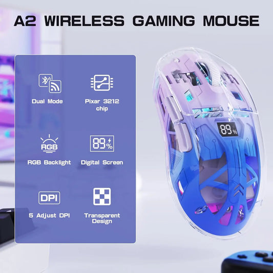 Ratón gaming inalámbrico transparente A2, BT 5.0/2.4G para PC, ratón RGB recargable con pantalla digital, PixArt 3212, 5 DPI ajustables