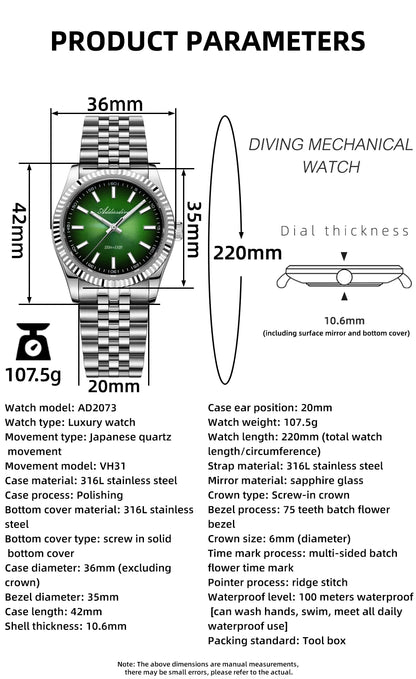 Reloj para hombre ADDIESDIVE AD2073, cristal de zafiro, 36mm, VH31, esfera sunburst, cuarzo, 10Bar, impermeable para buceo, luminoso