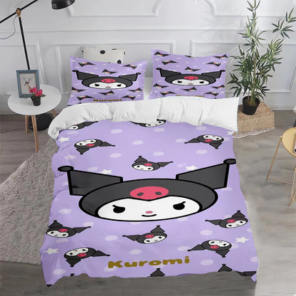 Conjunto de Capa de Edredão e Fronha Kuromi Fofo para Cama, Decoração de Quarto para Adulto, Rapaz e Rapariga, Presente para Crianças, Tamanho Individual, Duplo e Grande