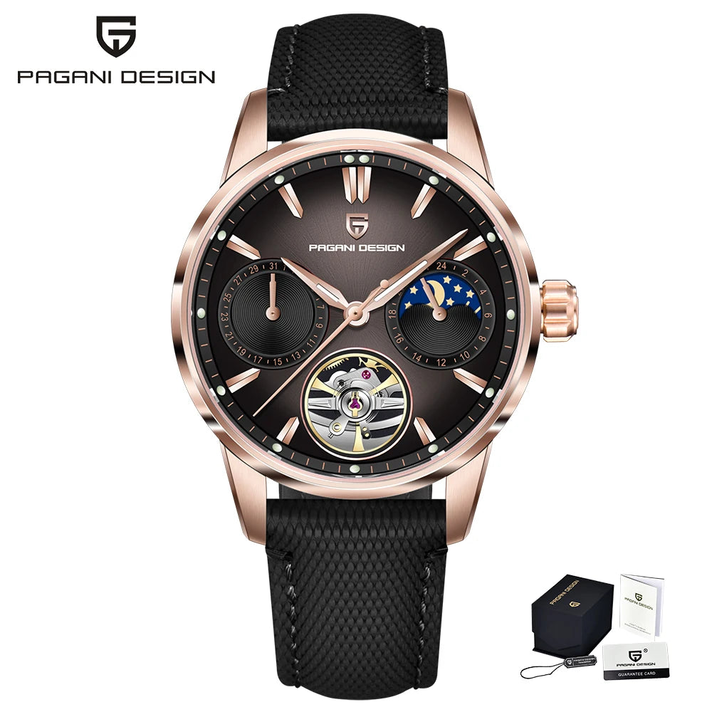 PAGANI DESIGN – Mekanisk luksusur til mænd, 41 mm, safirglas, læderrem, vandtæt, pilotstil, med tourbillon og månefase