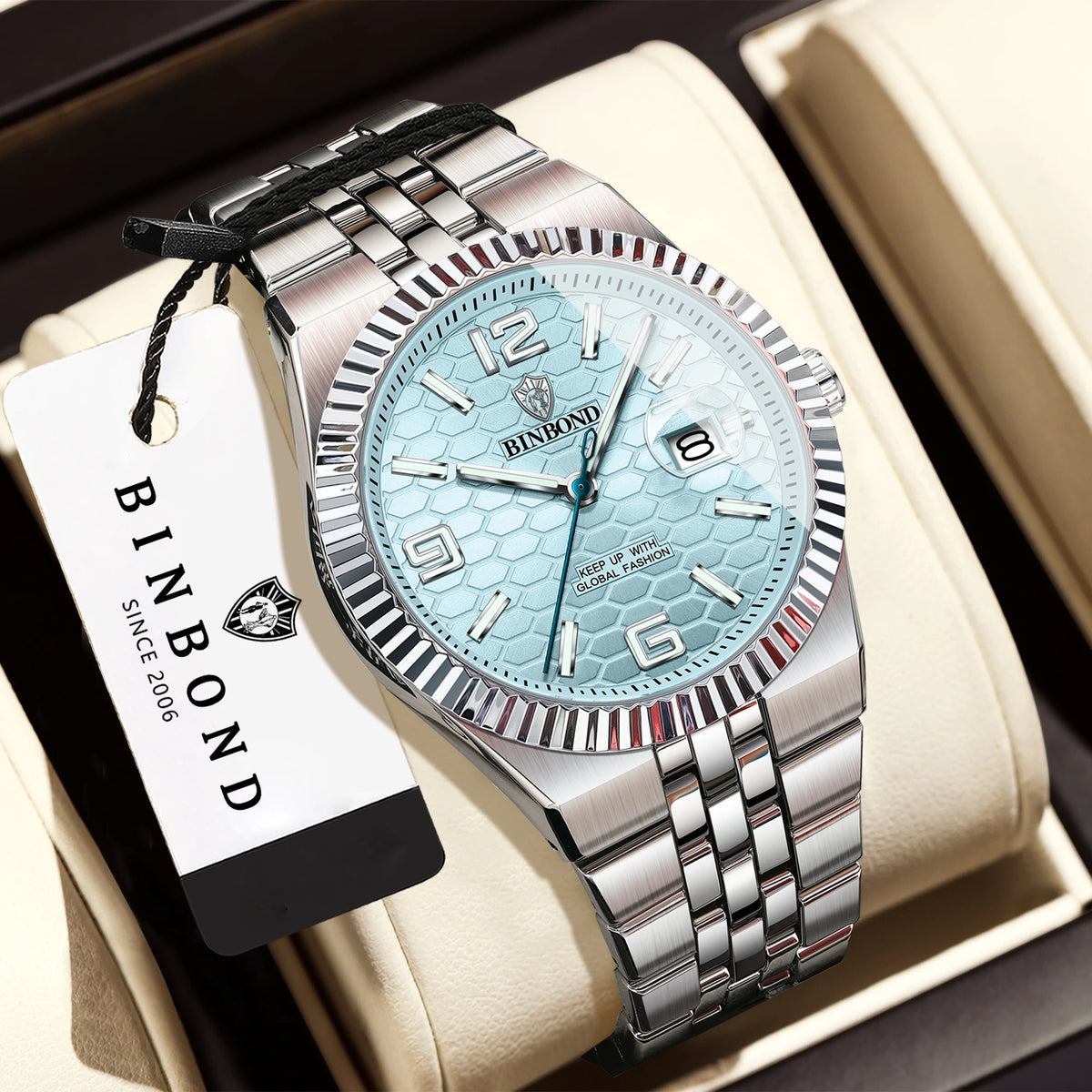 Montre-bracelet à quartz de luxe BINBOND, lumineuse, étanche, date automatique, pour homme, en acier, style business, sport, mode et décontracté.