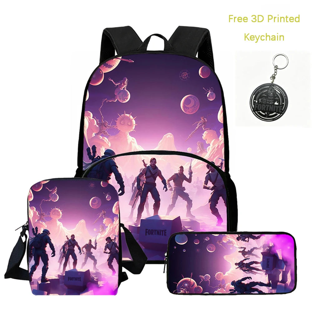 FORTNITE 3-Piece Lightweight Backpack Set with Front Pocket, Crossbody Bag & Pencil Case for Ages 5-9 Boys and Girls, Includes Free 3D Printed Keychain