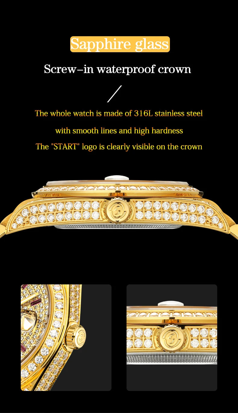 【START】Men's Watch Swiss Automatic Mechanical Movement Diamond Watch Waterproof Date Week Function Golden Watch