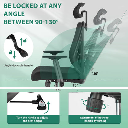 Durrafy Ergonomic Office Chair, Desk Chair With Headrest, Armrests, Swivel Chairs With 90°-130° Reclining Function (Lockable)
