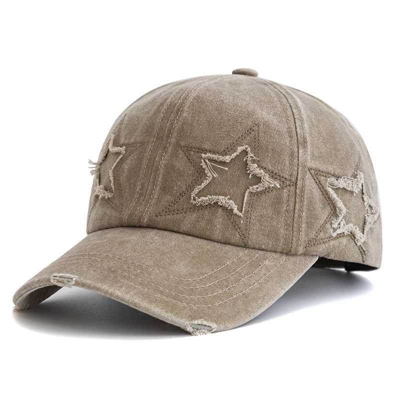 Damska czapka baseballowa z wyblakłą bawełną i motywem pięcioramiennej gwiazdy – modna czapka typu „dad hat” w stylu ulicznym