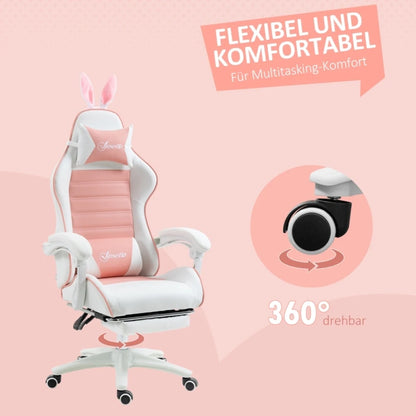 Ergonomic Gaming Chair, Reclinable Gamer Chair 135°, Footrest, Lumbar Cushion and Headrest, Adjustable Height, Pink