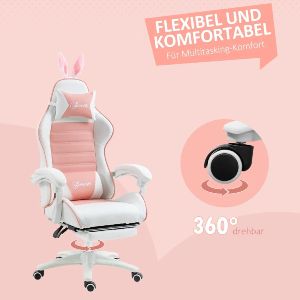 Ergonomic Gaming Chair, Reclinable Gamer Chair 135°, Footrest, Lumbar Cushion and Headrest, Adjustable Height, Pink