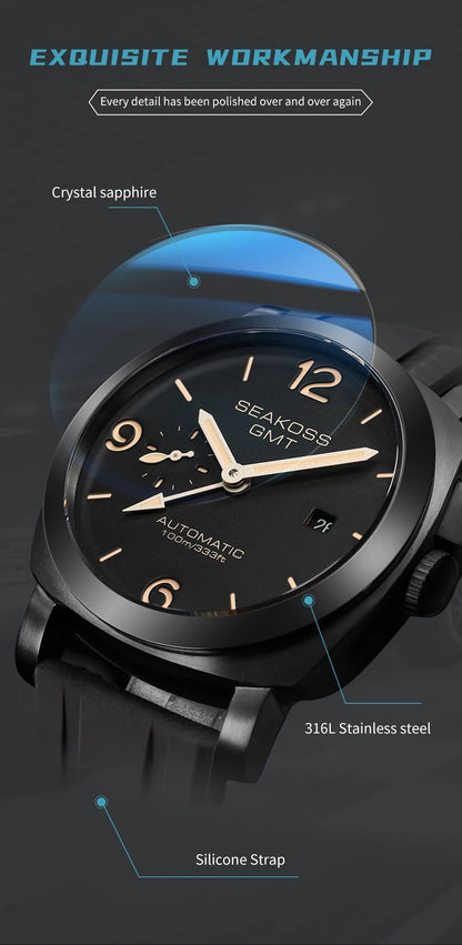 SEAKOSS 100m Diving Men GMT Automatic Mechanical Watches 1963 Clock 2557 Seagull Movement Super Luminous Sapphire Wristwatches