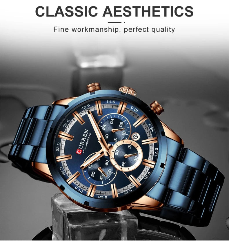 CURREN Top Brand Luxury Military Leather Wrist Watch Casual Sport Watches for Men Blue Man Clock Fashion Chronograph Wristwatch
