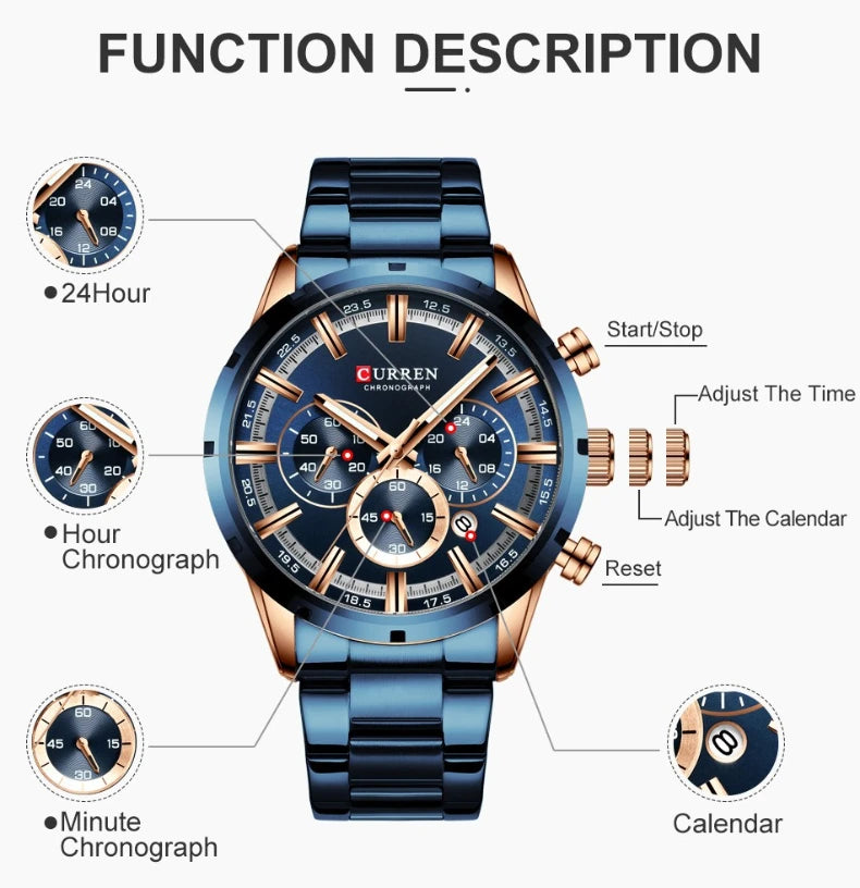CURREN Top Brand Luxury Military Leather Wrist Watch Casual Sport Watches for Men Blue Man Clock Fashion Chronograph Wristwatch