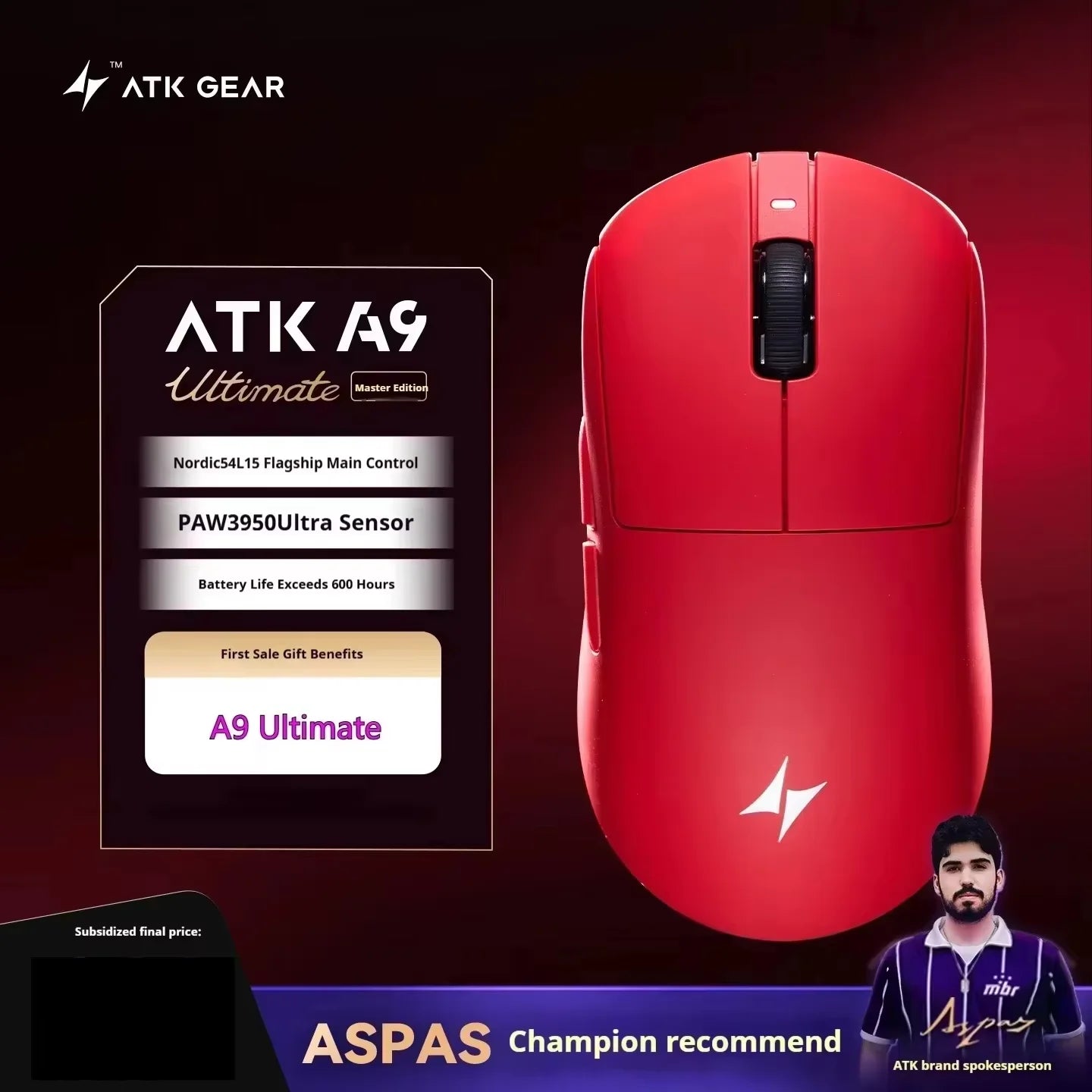 ATK A9 belaidė žaidimų pelė su NearLink technologija, ergonomiška PAW3395, trijų režimų Bluetooth, mažos delsos e. sporto pelė PC