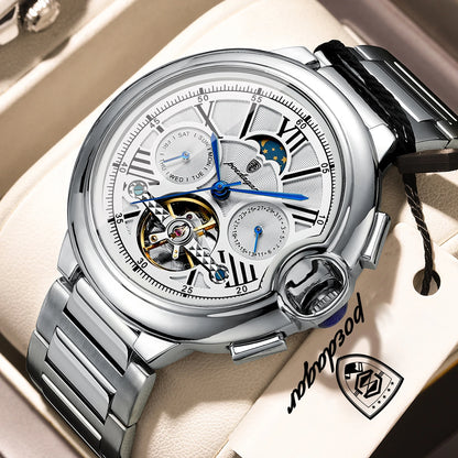 POEDAGAR luxus férfi karóra – Mechanikus automata modell dátum- és napkijelzéssel, bőr szíjjal, tourbillon-mechanizmussal, vízálló, elegáns és professzionális stílusú.