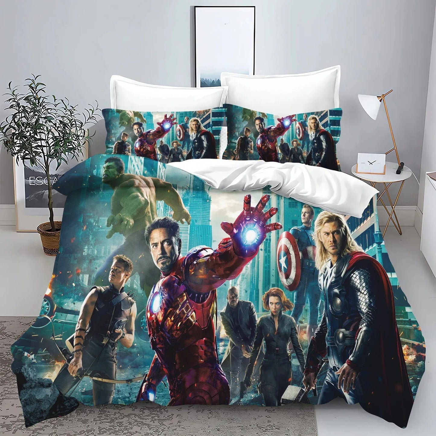 „The Avengers“ herojų antklodės užvalkalo ir pagalvės užvalkalo patalynės komplektas suaugusiesiems, berniukams ir mergaitėms, vaikų miegamojo dekoracija, viengulio, dvigulio ir didelio dydžio
