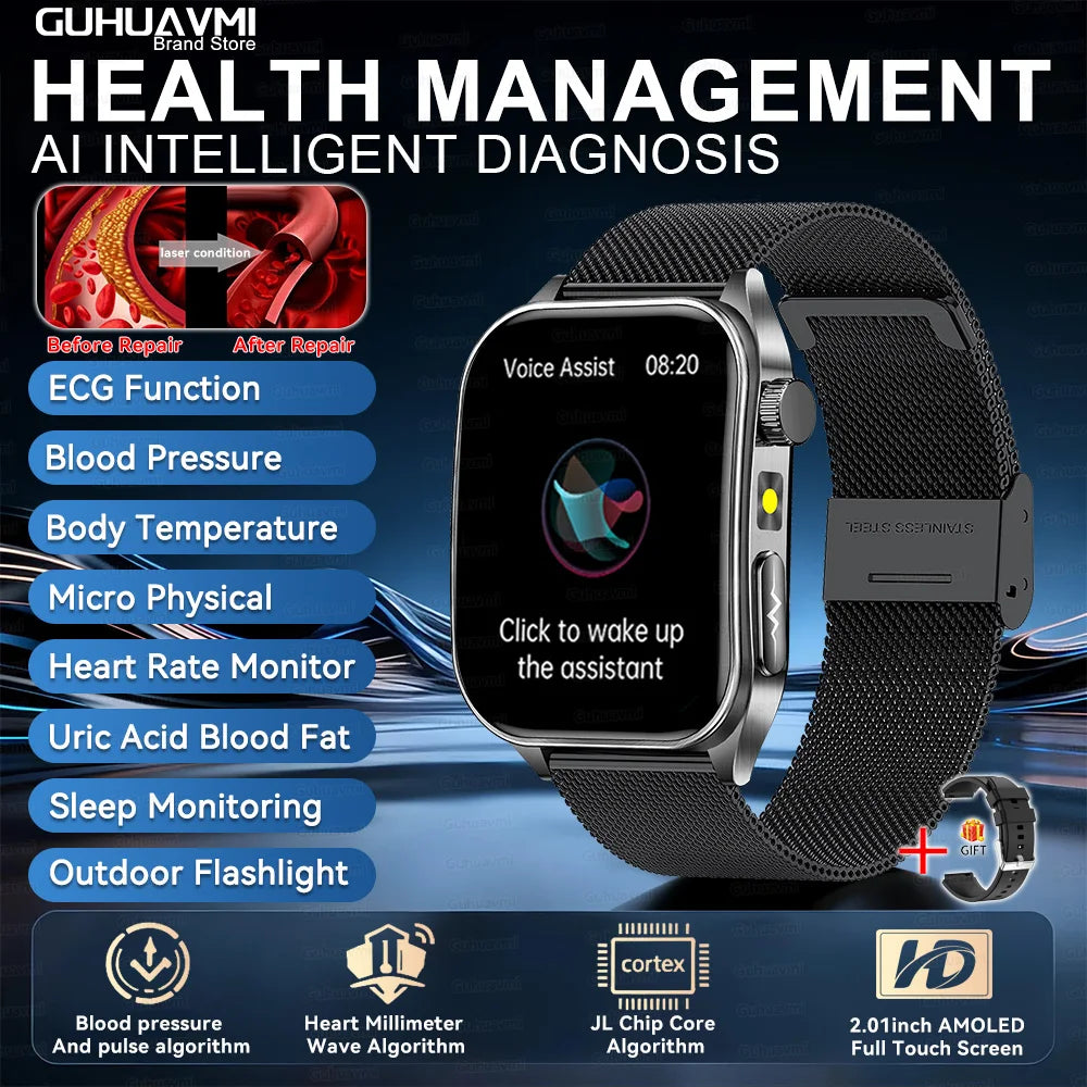 2026 New 650nm Laser Therapy Blood Fat Uric Acid Blood Pressure Smart Watch ECG+PPG Precise Health Monitor Smartwatches For Men