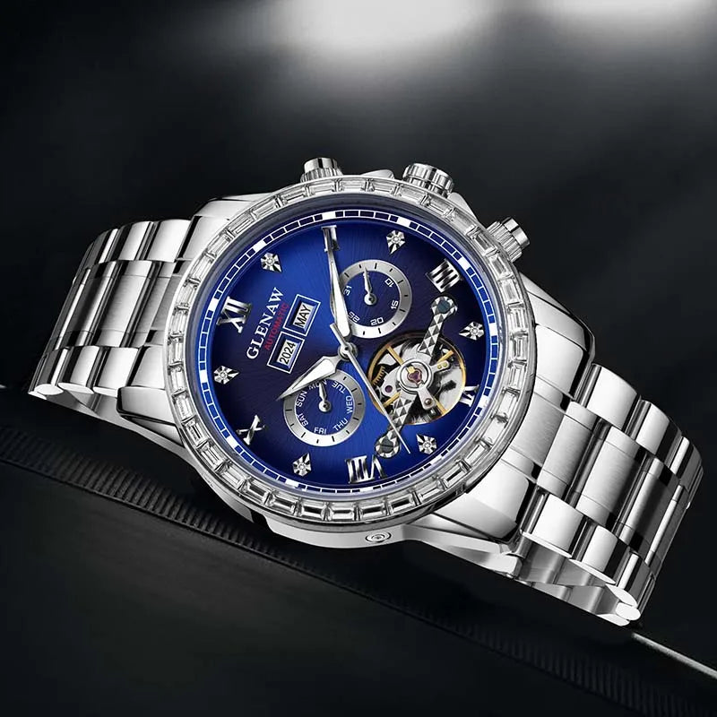 Mechanische Multifunktionsuhr GLENAW – Herrenmodell, Business- und Freizeit-Style, Edelstahlarmband, wasserdicht, mit Kalender – Luxusuhr