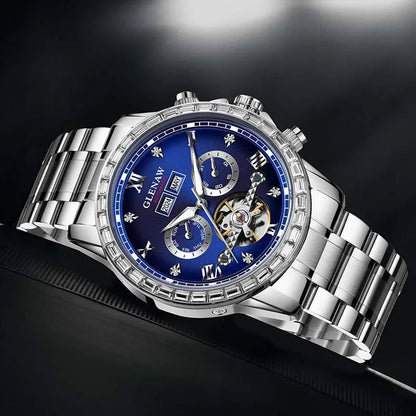 Mechanische Multifunktionsuhr GLENAW – Herrenmodell, Business- und Freizeit-Style, Edelstahlarmband, wasserdicht, mit Kalender – Luxusuhr