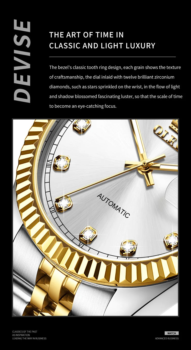 OLEVS New Automatic Watches Man Original Luxury Diamond Dial Stainless Steel Waterproof Auto Date Mechanical Watch for Men 6743