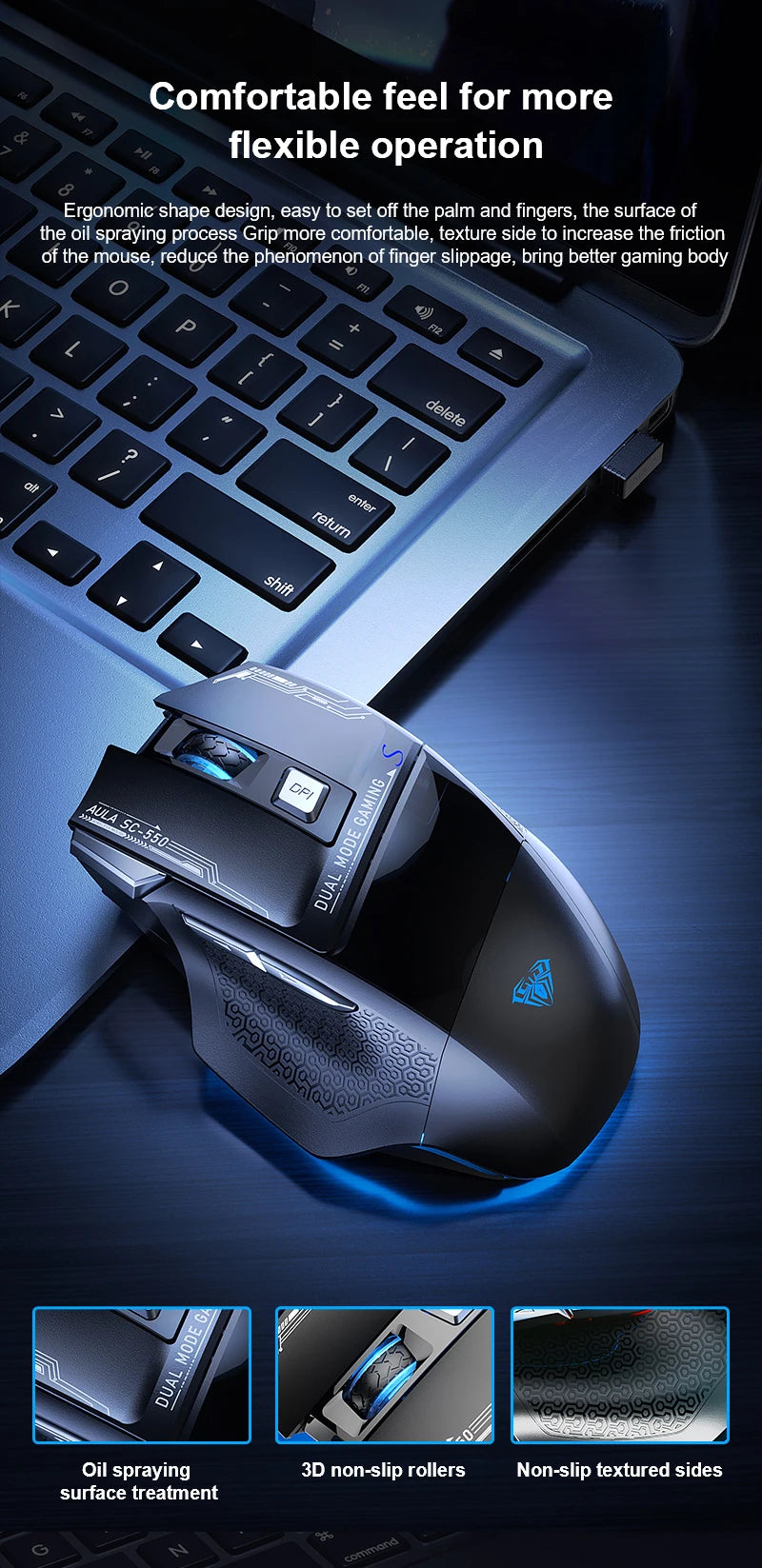 Mysz gamingowa AULA SC550 2.4G, bezprzewodowa mysz z makrami, podświetleniem RGB i ergonomiczną konstrukcją, mysz e-sportowa, akcesoria do PC