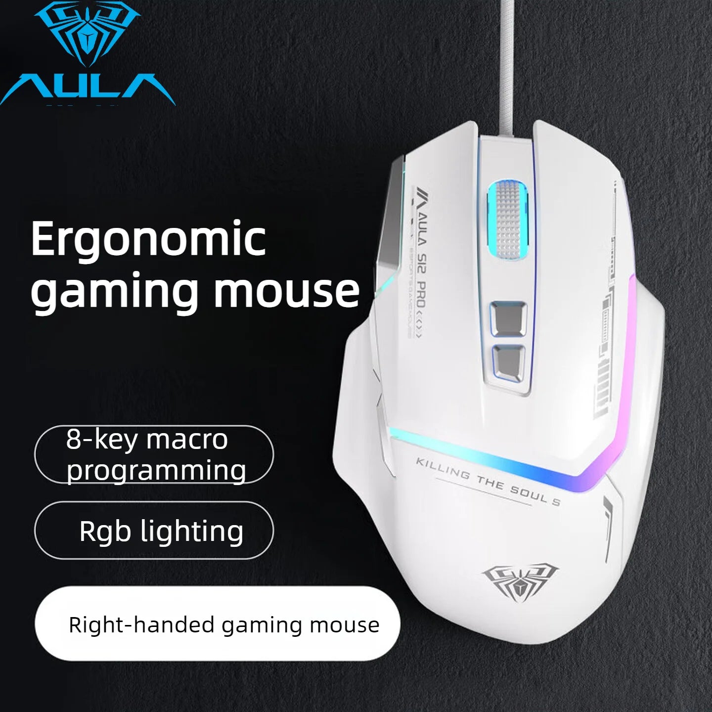 Hot Sale AULA S12 Pro Wired Gaming Mouse 12800 DPI RGB Backlit 8 Programmable Buttons Ergonomic Game Mouse for PC Laptop