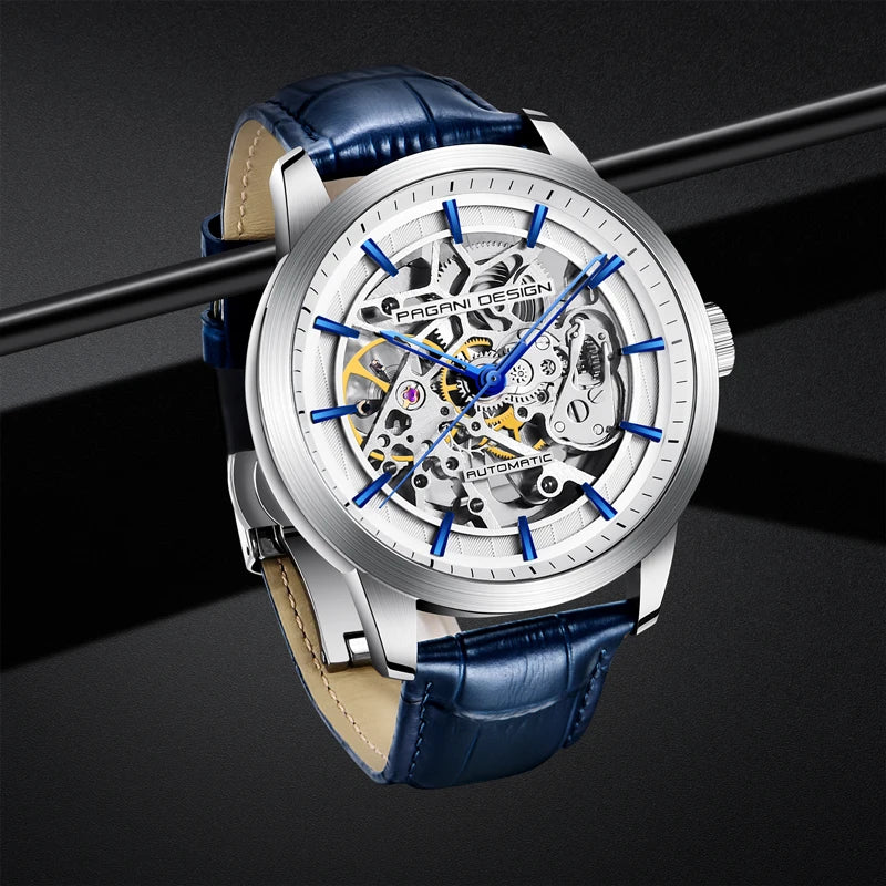 PAGANI DESIGN 2026 New Skeleton Men's Mechanical Watches Top Luxury Automatic Watch Men Blue Leather Waterproof Wrist watch Men
