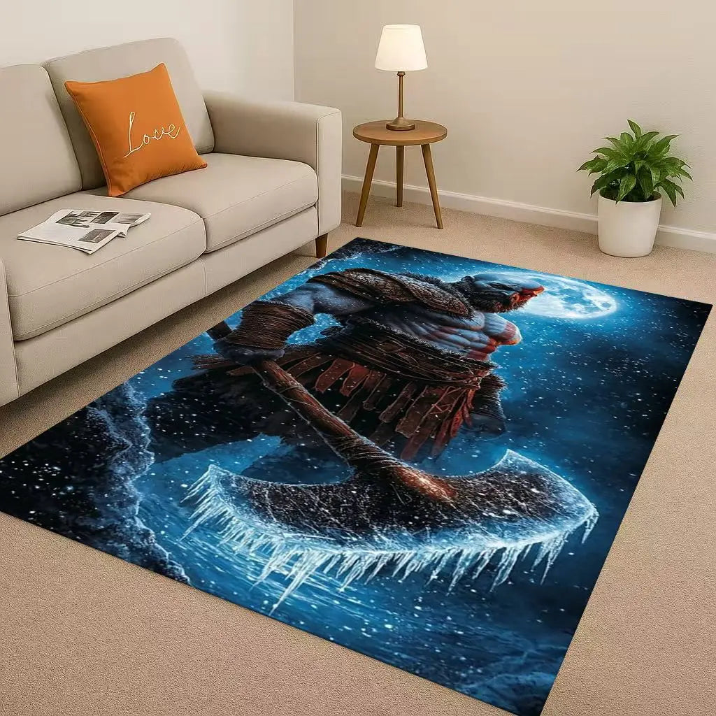 Game God of War Kratos Cartoon Gamer Living Room Non-Slip Area Rug Soft Carpet for Bedroom Playroom Sofa,Easy Clean Home Doormat