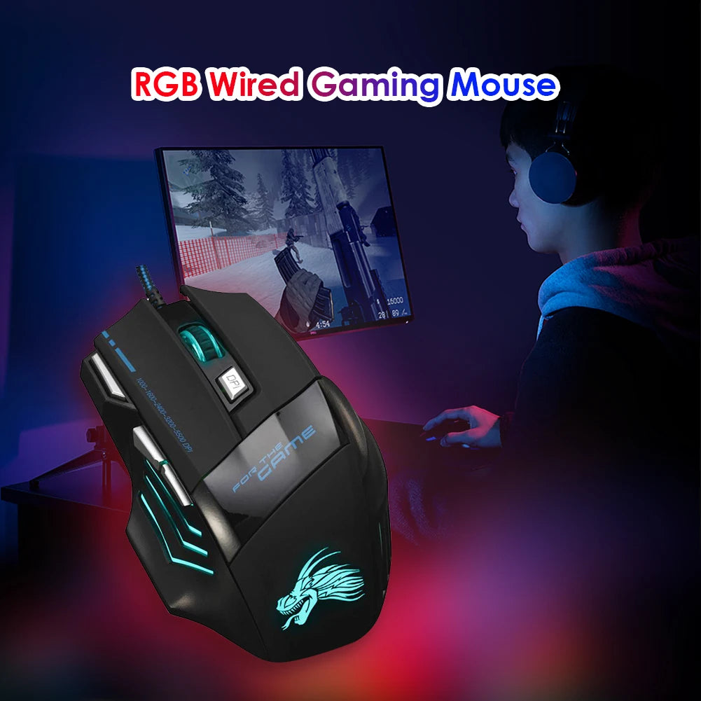 Kabelgebundene Gaming-Maus mit 7-Farben-Hintergrundbeleuchtung, 5500 DPI einstellbar, schwarz, optische kabelgebundene Computer-Gaming-Maus für PC-Gamer und Desktop-Computer