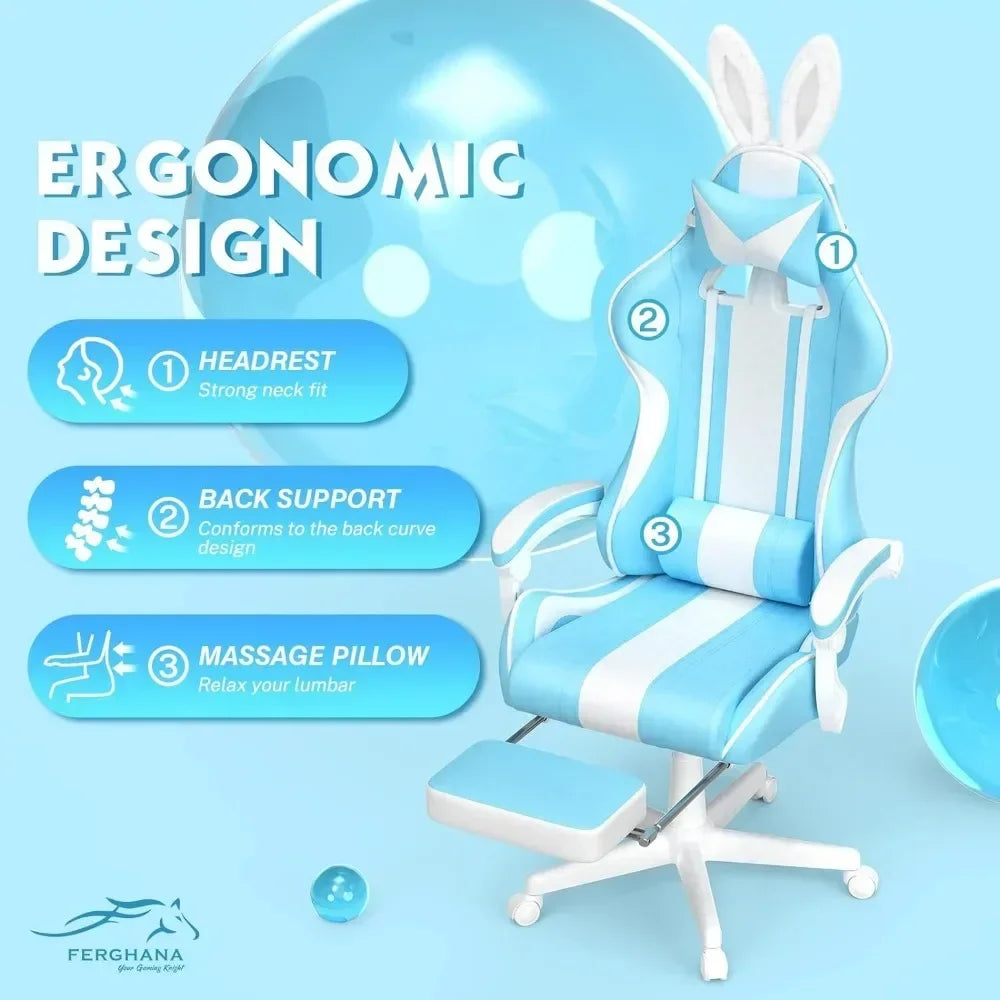 Kawaii Light Blue Gaming Chair with Bunny Ears, Ergonomic Cute Gamer Chair with Footrest, Massage Function, Reclining Racing Style Computer Chair