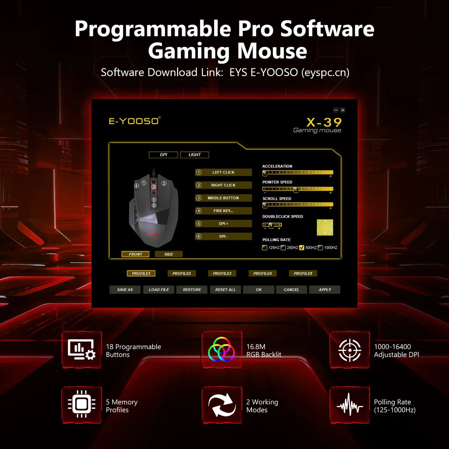 E-YOOSO X-39 програмируема геймърска мишка, кабелна RGB мишка с 18 бутона, 8 сменяеми тежести, 5 DPI нива, ергономичен захват за компютър