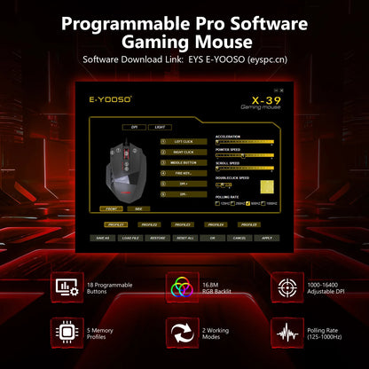 E-YOOSO X-39 програмируема геймърска мишка, кабелна RGB мишка с 18 бутона, 8 сменяеми тежести, 5 DPI нива, ергономичен захват за компютър