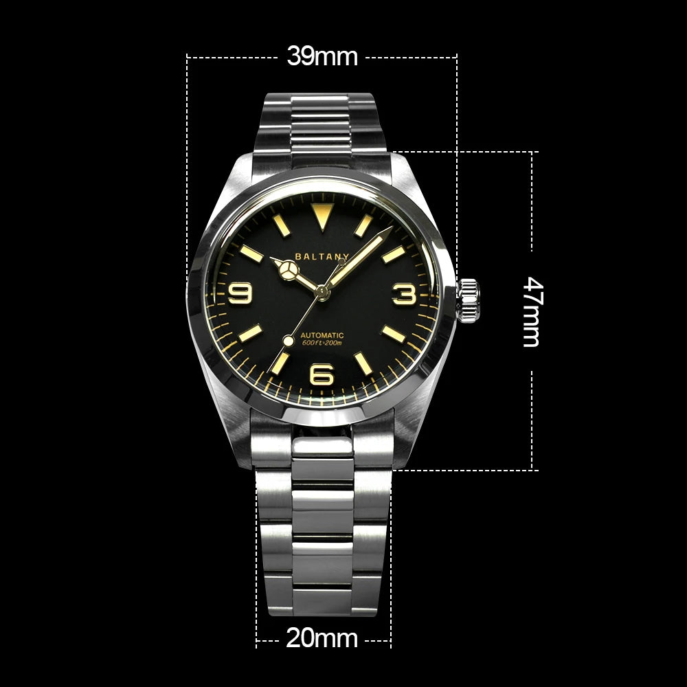Baltany Men Automatic Watch 39MM Mechaical Wristwatch Bubble Sapphire 20ATM Waterproof C3 Luminous NH38 / SW200