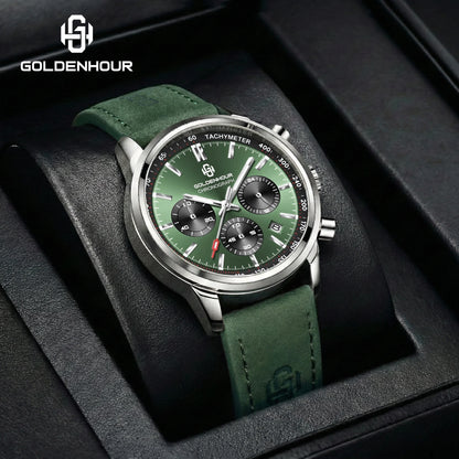 Luxusní pánské hodinky GOLDENHOUR – křemenný chronograf, zelený ciferník, kožený řemínek, vodotěsné, luminiscenční, vojenský a sportovní styl