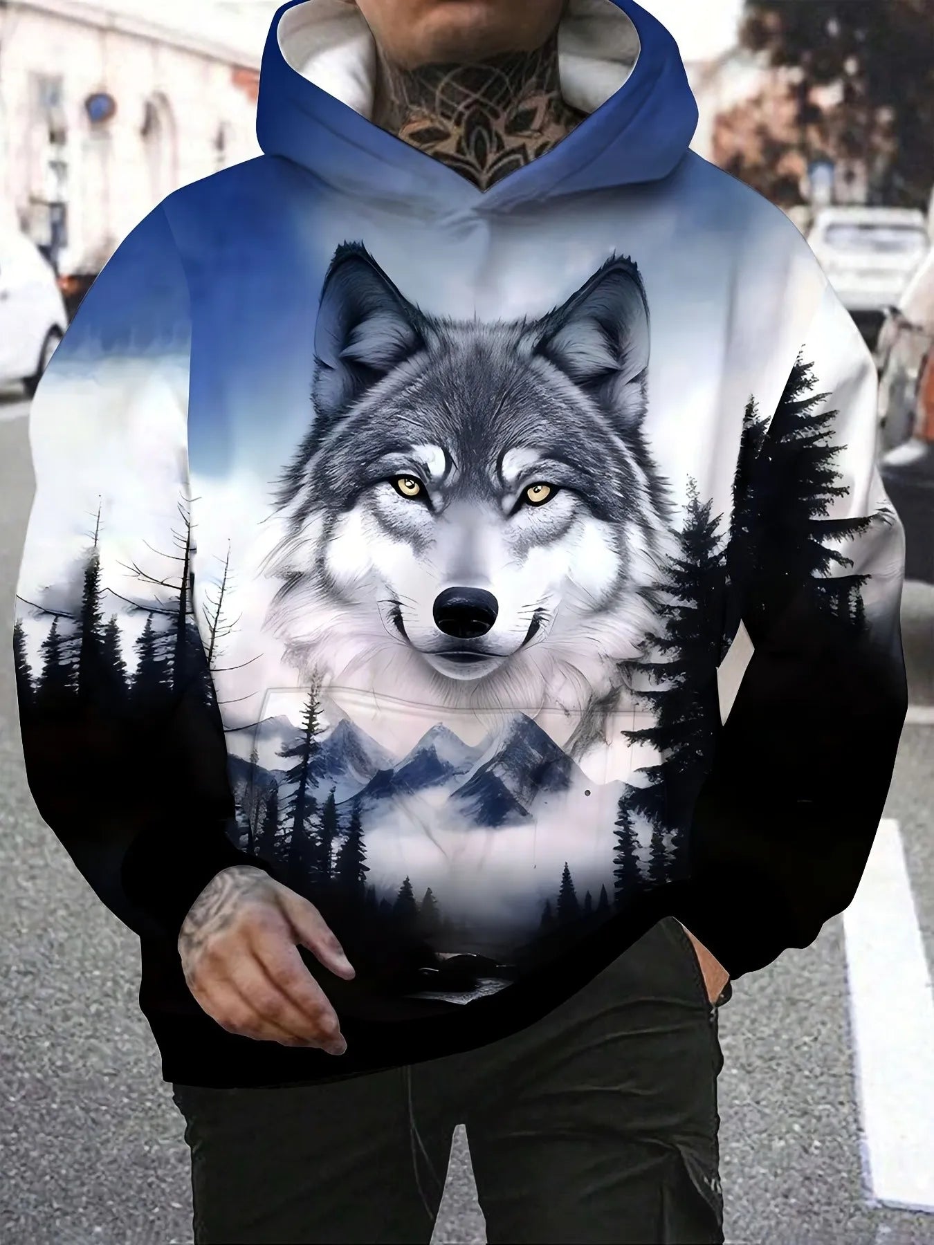 2025 Fashion Men's Autumn Wolf Printed Comfortable Soft Hooded Sports Shirt Outdoor City Street Top
