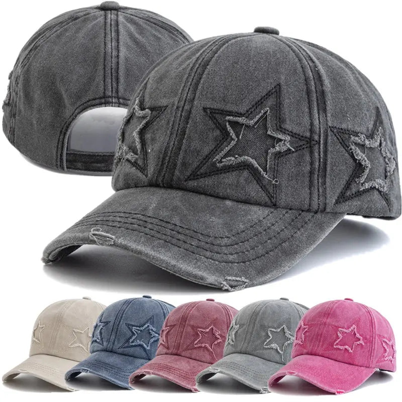 Damska czapka baseballowa z wyblakłą bawełną i motywem pięcioramiennej gwiazdy – modna czapka typu „dad hat” w stylu ulicznym