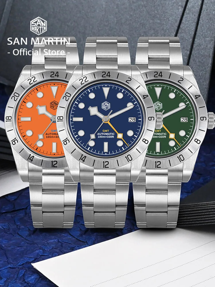 San Martin Nuevo reloj mecánico automático NH34 BB GMT de 39mm, reloj deportivo de zafiro, luminoso, impermeable 100m para hombre, Relogio SN0054