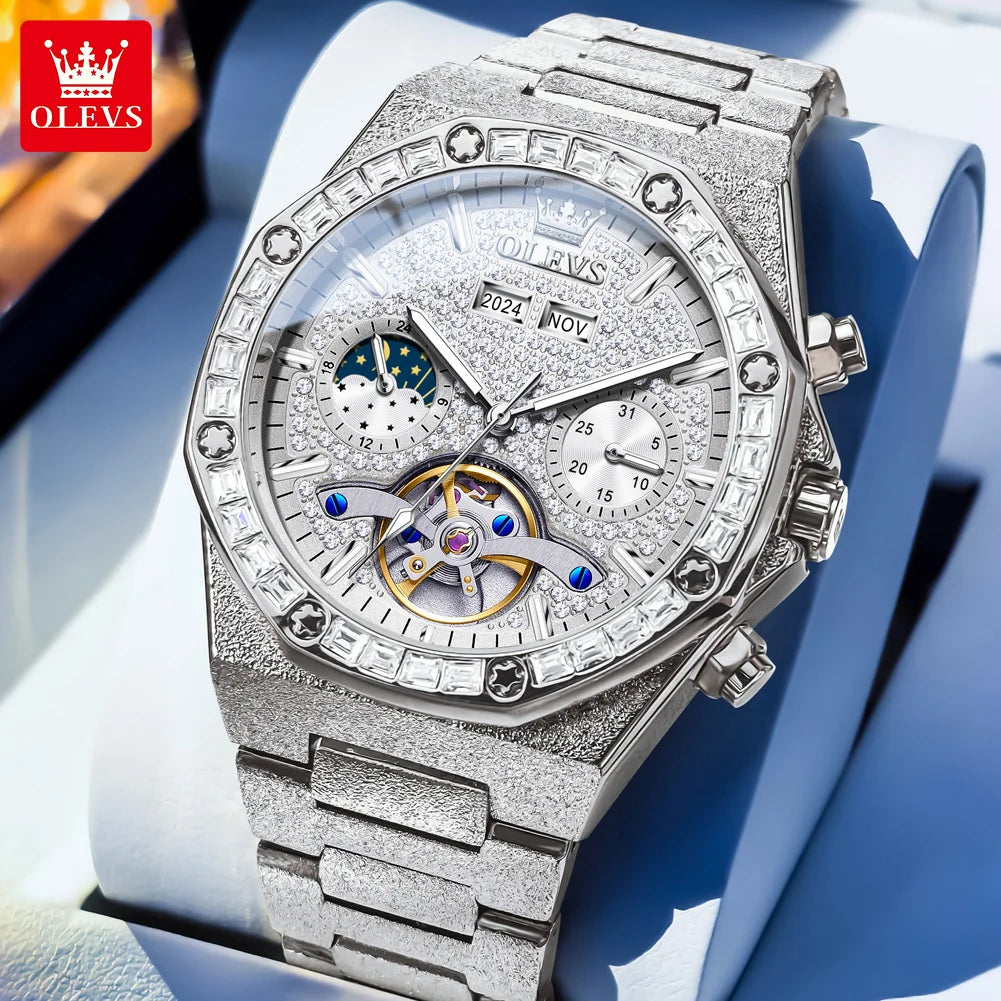 OLEVS 9805 Skeleton Automatic Man Watch Luxury Fashion Matte Texture Full Diamond Moon Phase Waterproof Mechanical Wristwatches