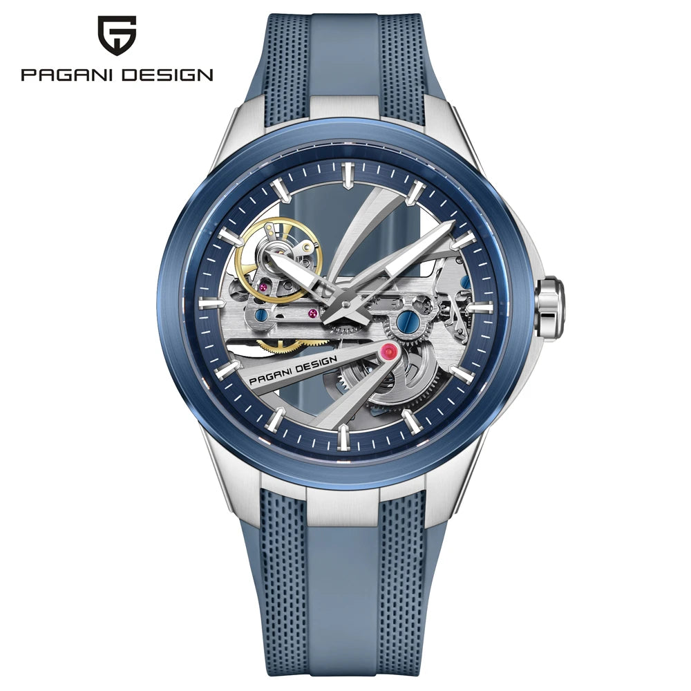Herrenuhr von PAGANI DESIGN – Mechanisches Luxusuhrwerk mit Automatikaufzug, „Skelett“-Ausführung (mit offenem Herz), ausgestattet mit einem Tourbillon, Saphirglas mit Antireflexbeschichtung, wasserdicht und leuchtend.