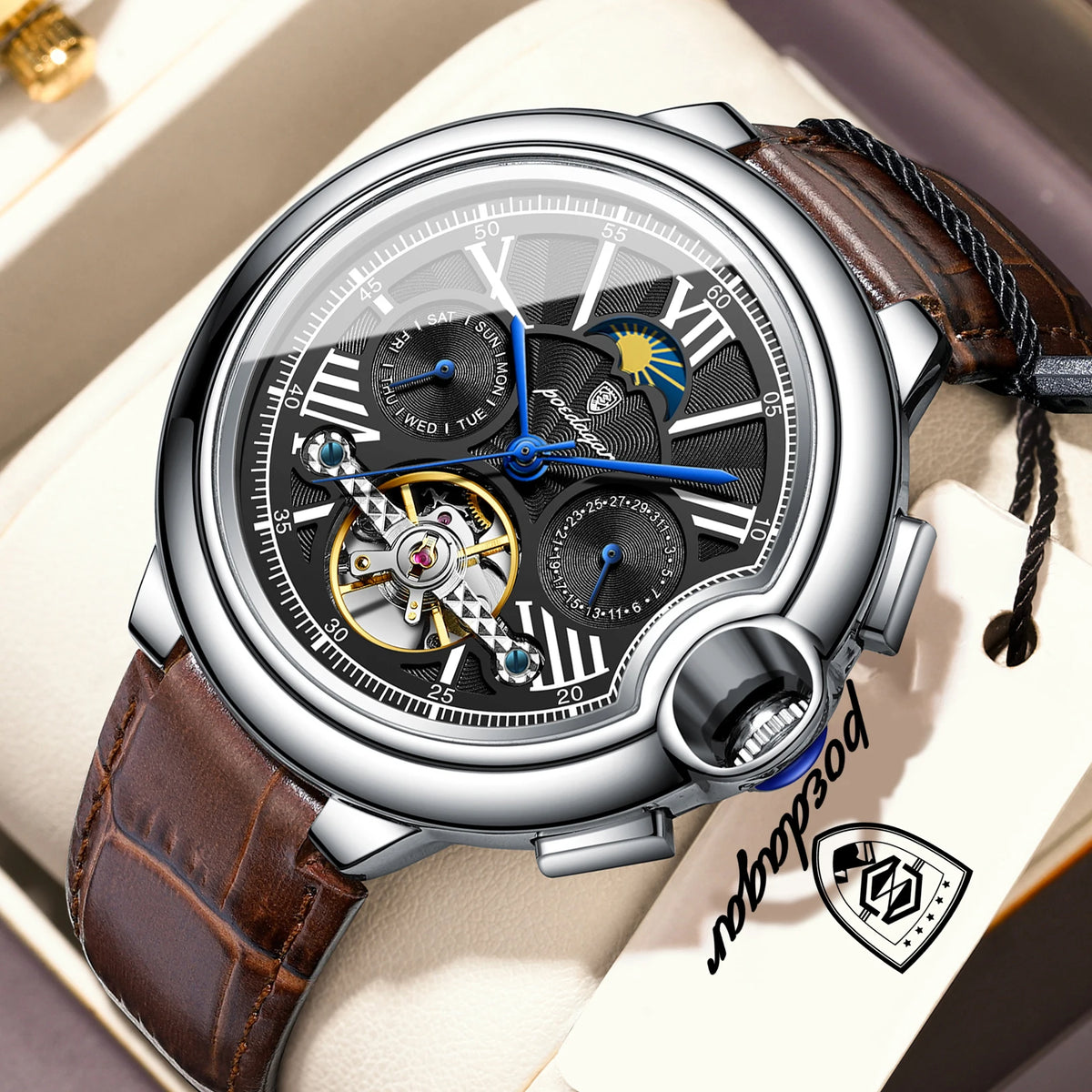POEDAGAR luxus férfi karóra – Mechanikus automata modell dátum- és napkijelzéssel, bőr szíjjal, tourbillon-mechanizmussal, vízálló, elegáns és professzionális stílusú.