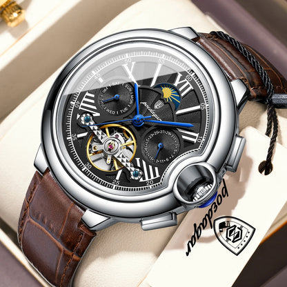 POEDAGAR luxus férfi karóra – Mechanikus automata modell dátum- és napkijelzéssel, bőr szíjjal, tourbillon-mechanizmussal, vízálló, elegáns és professzionális stílusú.