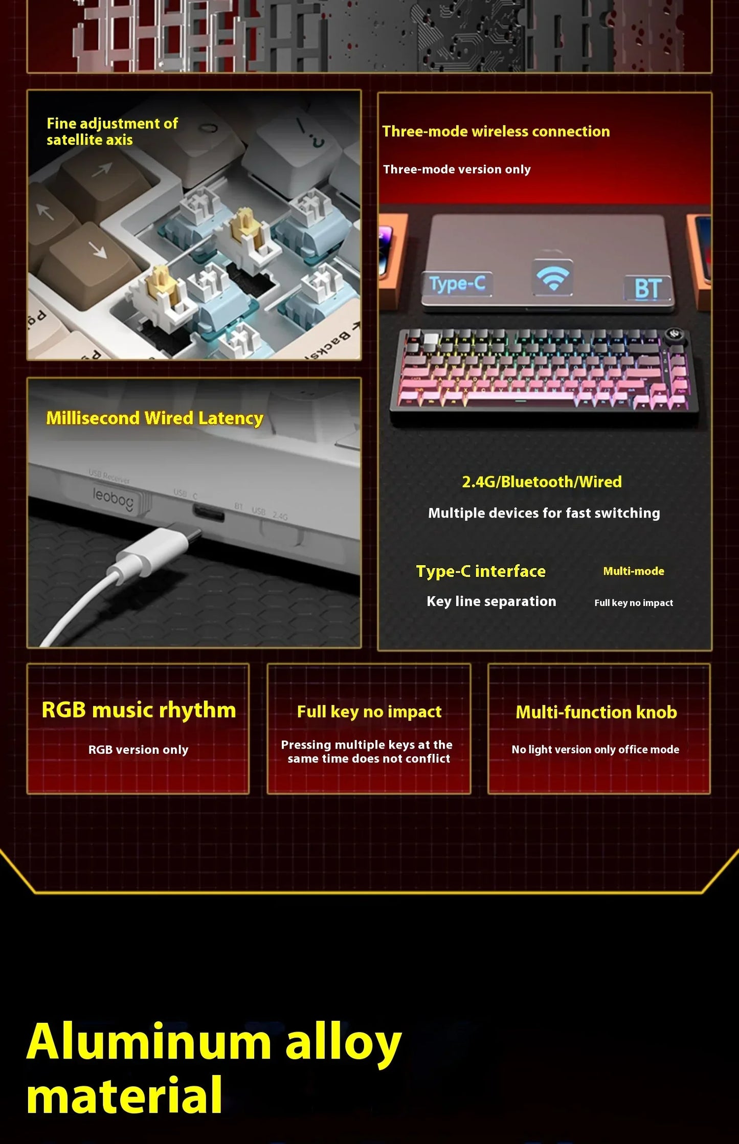 Kit de Teclado Mecânico LEOBOG Hi75C 3 Modos/Com Fio Hot-Swap com Botão Rotativo RGB, Liga de Alumínio, Montagem Gasket, Kit de Teclado Hi75C Personalizado para PC, Presente